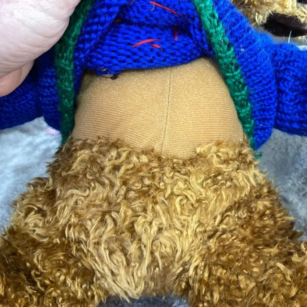 Vintage Reindeer Plush Moose Brown Curly Hair Blue Sweater 15” HugFun Toy TAGS